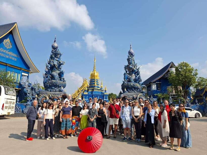 Chiang Mai: Chiang Rai Temples, Karen Tribe and Hot Springs - Wat Rong Suea Ten (Blue Temple): gold details and dragon guards